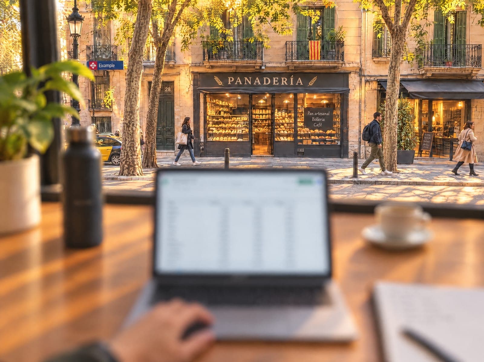 Una mesa junto a una ventana que da a una panadería: la calle se ve nítida y el portátil y la libreta de la mesa, borrosos