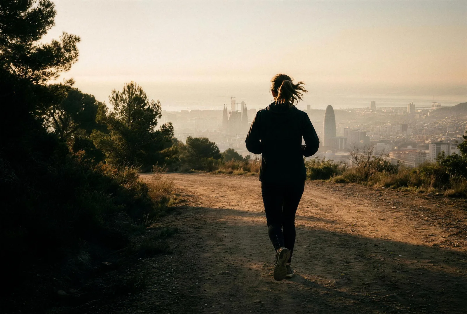 Una mujer corre al amanecer por un camino de montaña sobre Barcelona; al fondo se ven la Sagrada Familia y la Torre Glòries